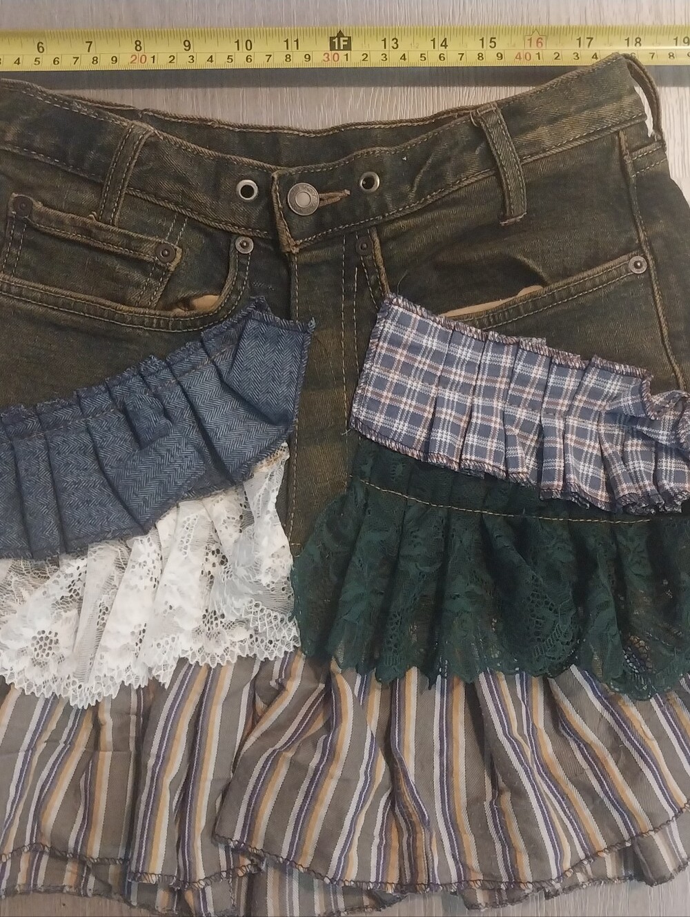 Denim Upcycled Skirt With Lace/Ruffles.